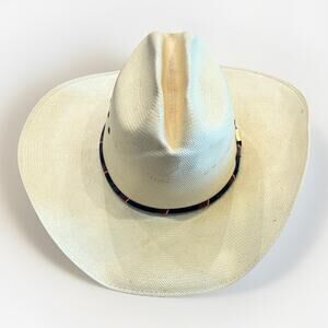 Vintage Wrangler Mens Straw Western Sheepskin Leather Band Cowboy Hat Texas 7.5